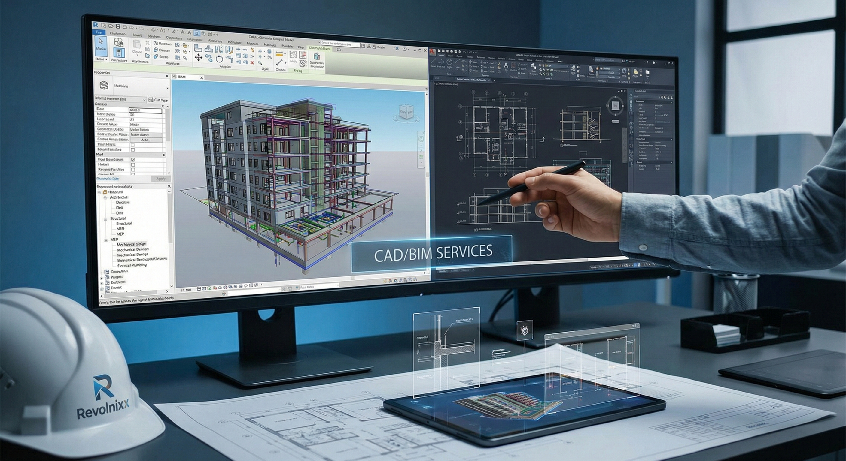 CAD and BIM engineering workstation with technical drawings