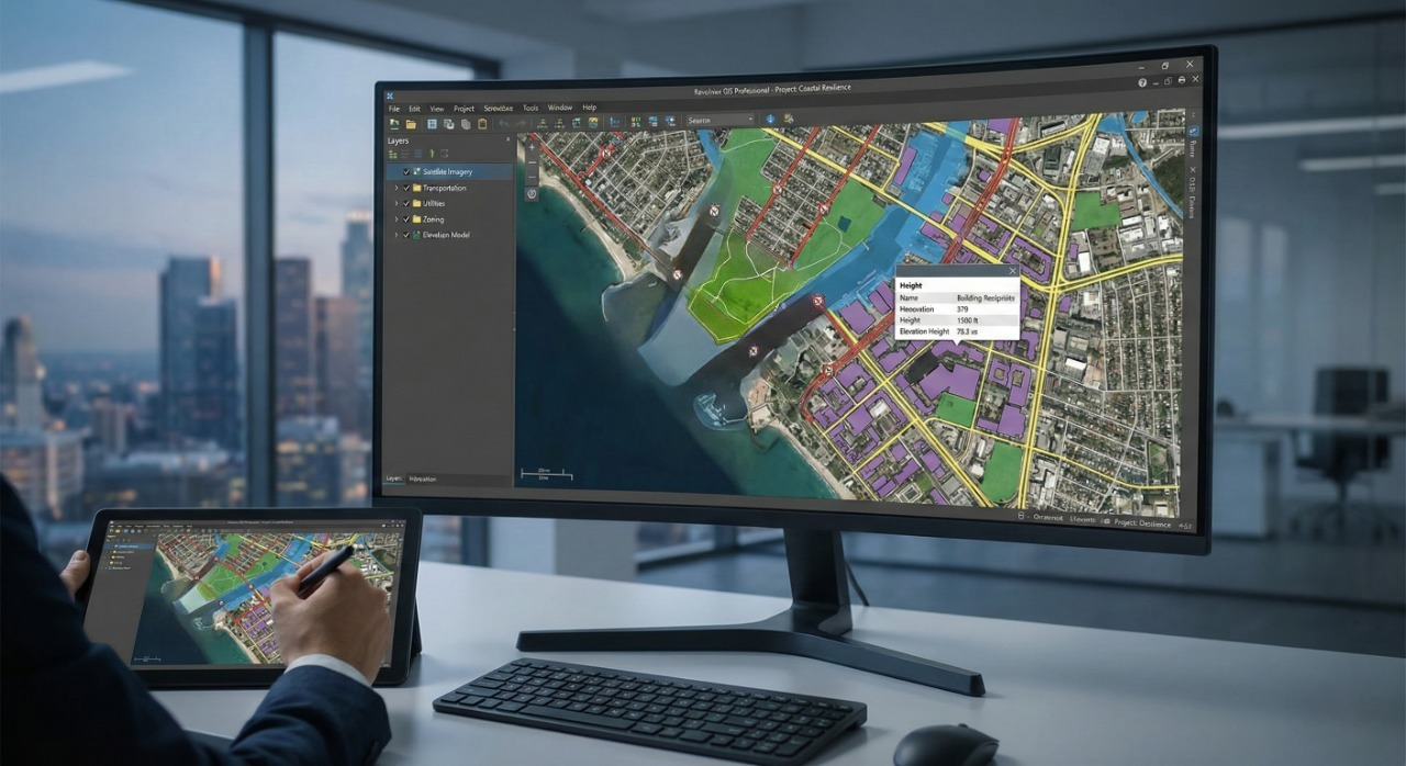 GIS and mapping visualization on a workstation screen