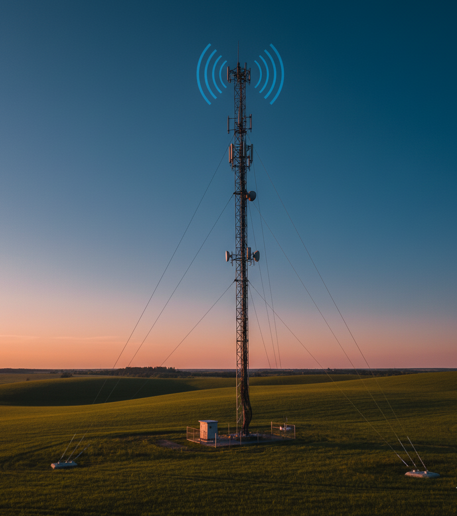Wireless mast broadcasting across open landscape